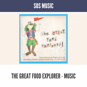 Cartoon child holds red flag, promoting "The Great Food Explorer" CD.