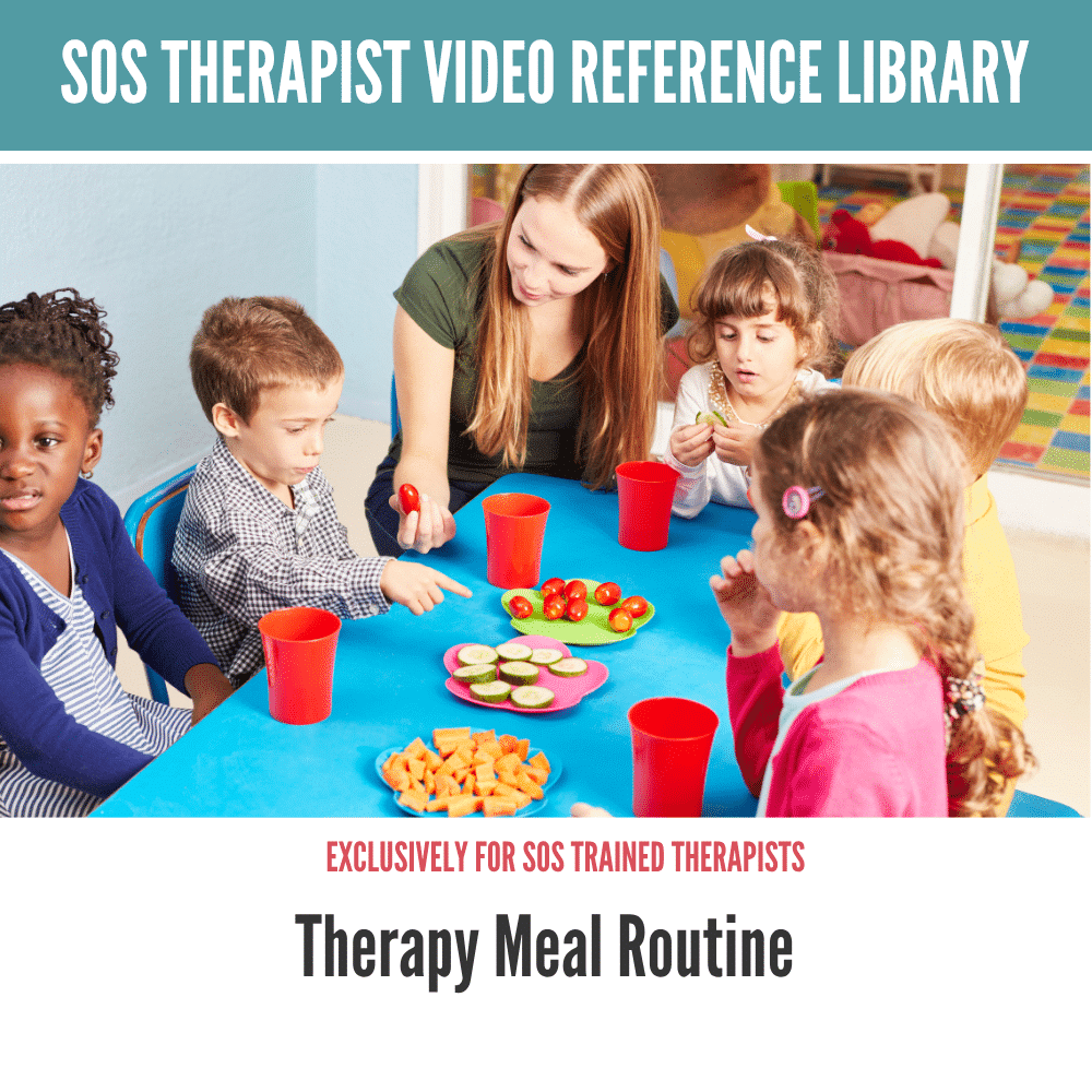Children and a therapist engage in a therapy meal routine with colorful vegetables on the table.