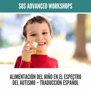 Child in a red shirt smiling and eating, promoting healthy feeding workshops for children on the autism spectrum.