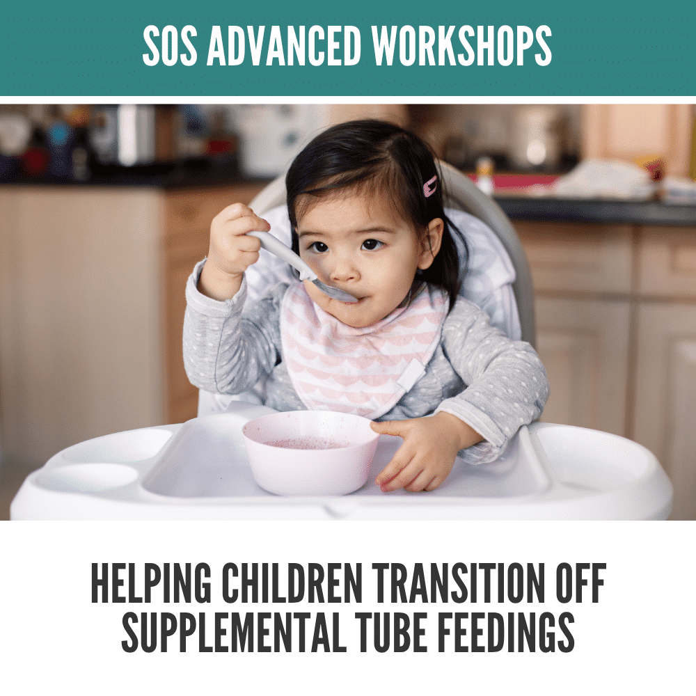 Toddler sitting in a highchair, eating with a spoon, wearing a bib, in a kitchen setting.