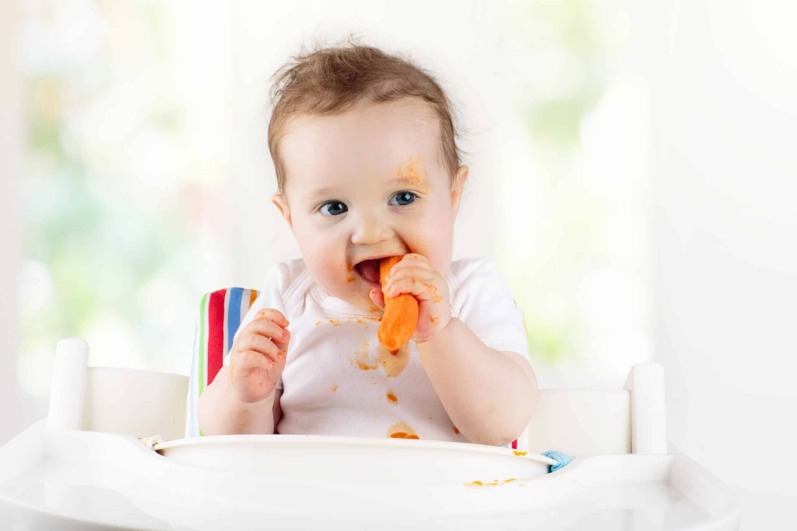 Baby eating carrot in high chair, wearing a white bib with food stains.