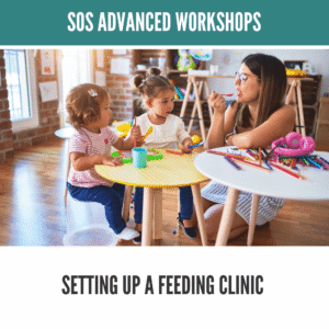 A woman teaches two young children about healthy eating at a small table.